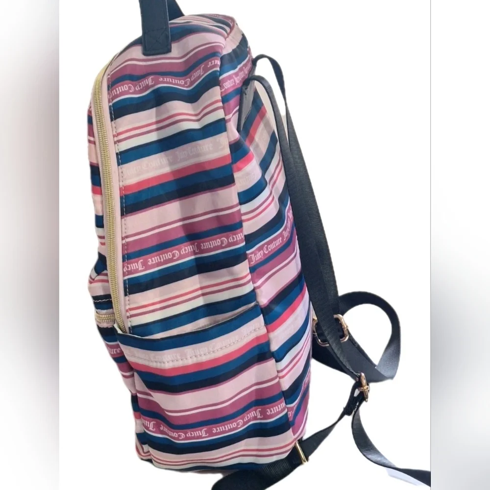 Juicy Couture Wild Heart Striped Full Size Backpack Gold Hardware Goth Text EUC